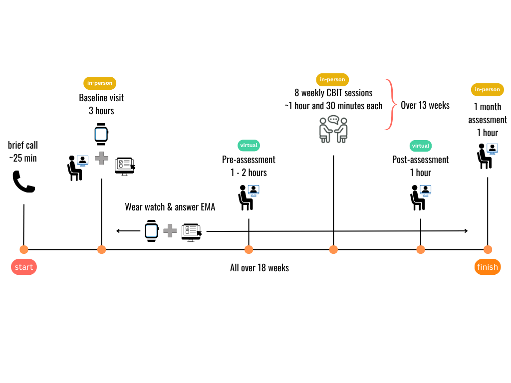 timeline of the study components with icons and time estimates